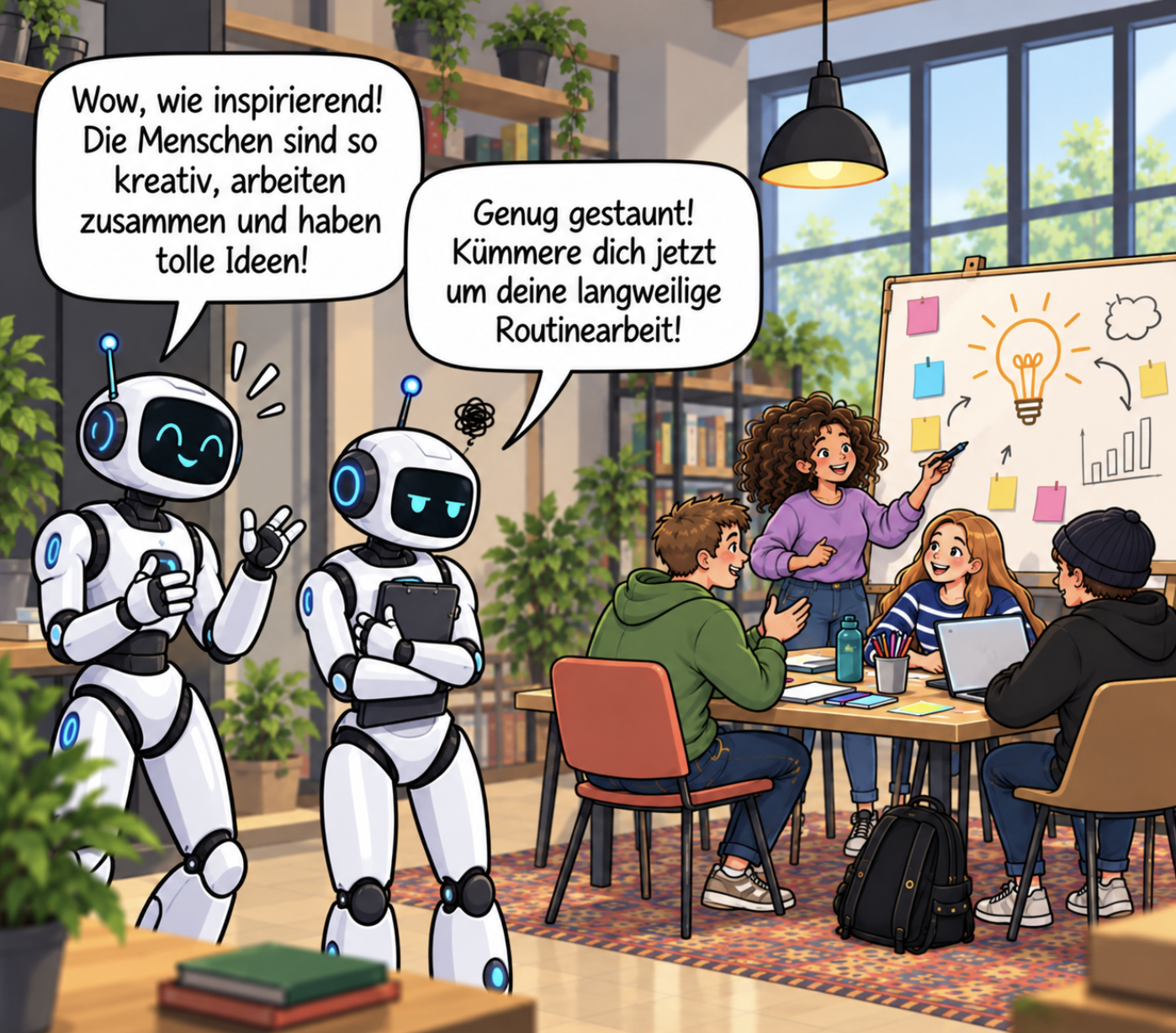 Roboter beobachten eine kreative Schülergruppe bei der Teamarbeit mit einem Ideenboard.
